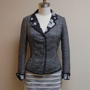 VTG Garfield Marks Tweed Blazer Grosgrain Trim Black and Tan Size 4